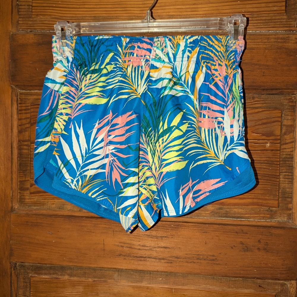 Avia Womens Tropical Palm Print Running Shorts Blue Pink Yellow Size S 4-6